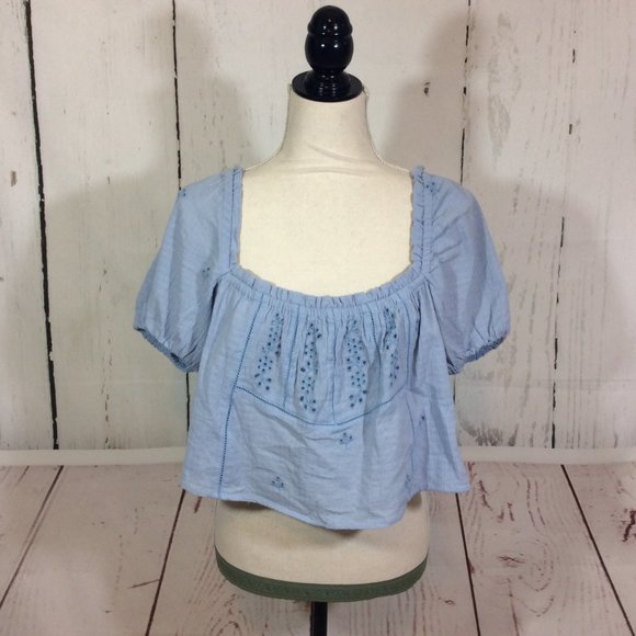 2/$30 ZARA Blue Eyelet Cropped Top Size Medium Short Peasant Crop Top Boho - Picture 1 of 12